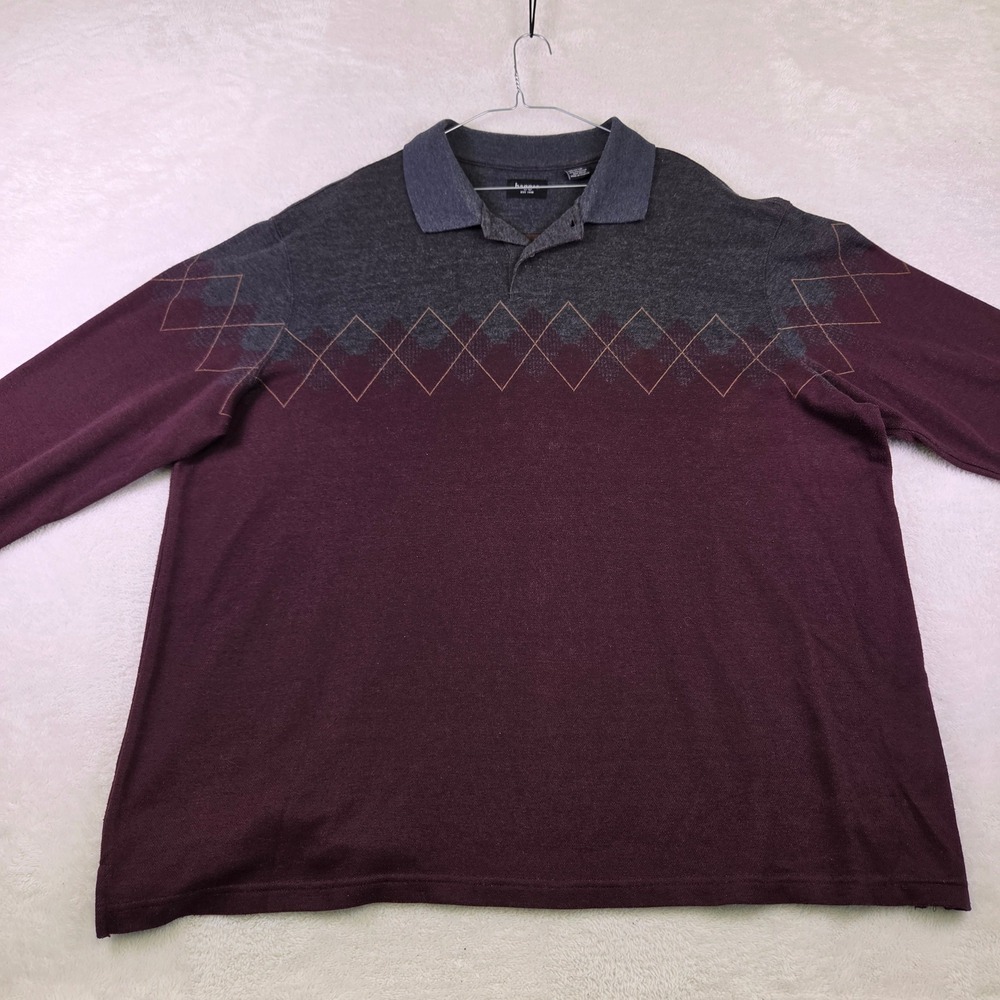 Haggar Mens XXL Long Sleeve Argyle Polo Shirt Burgundy Gray Cotton Blend 4060